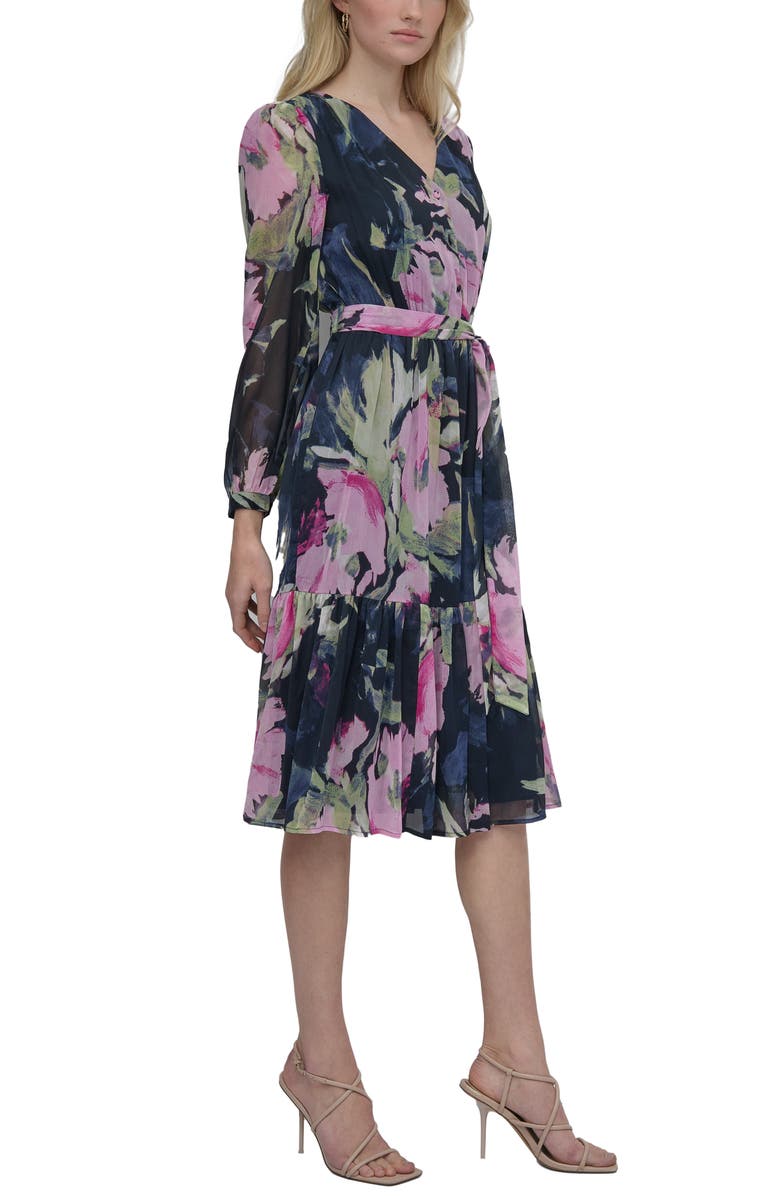 DKNY Floral V-Neck Long Sleeve Midi Fit & Flare Dress, Alternate, color, Navy/ Pink