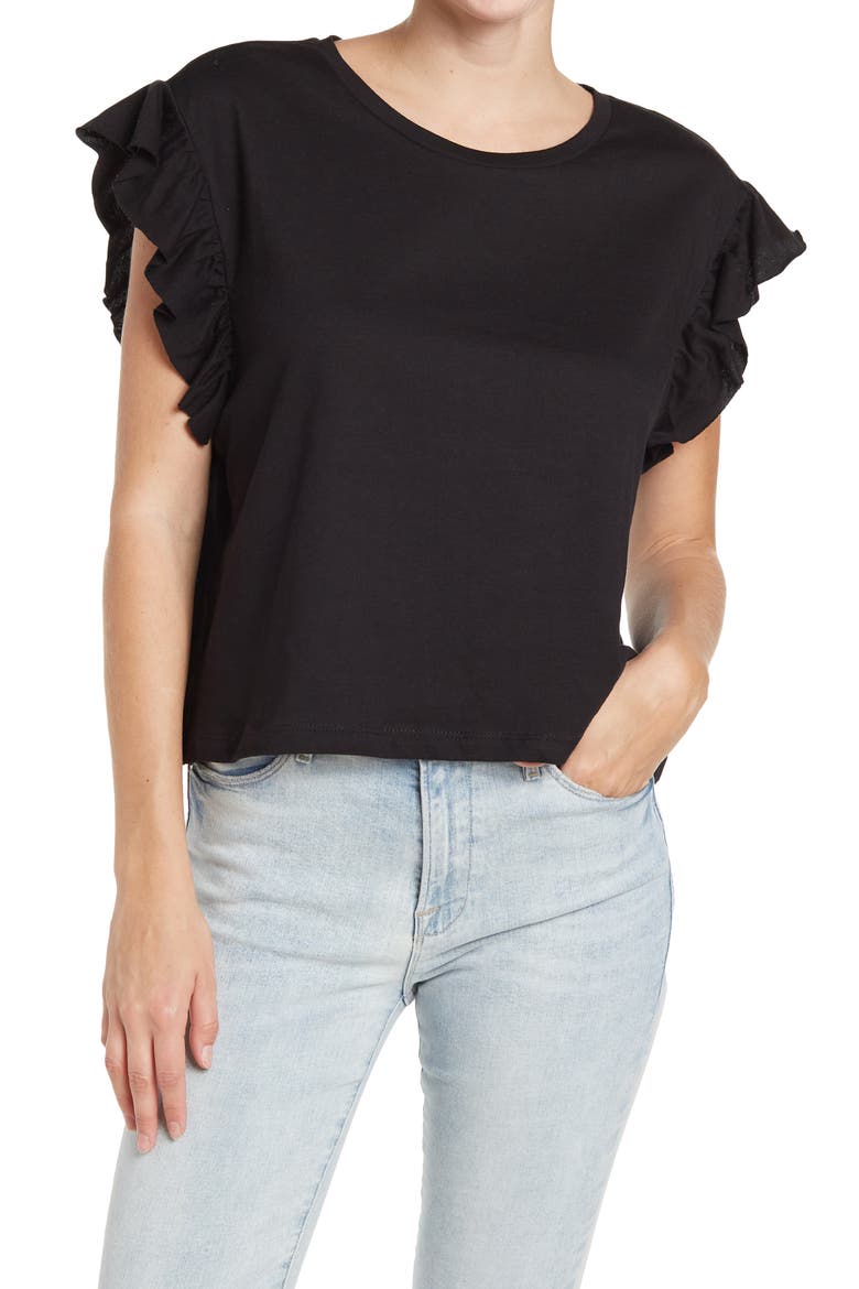 Extended Shoulder Ruffle Sleeve Top, Main, color, BLACK