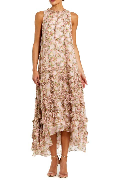 Sleeveless Floral Print Chiffon Micro Ruffle Gown