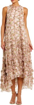 Mac Duggal Sleeveless Floral Print Chiffon Micro Ruffle Gown