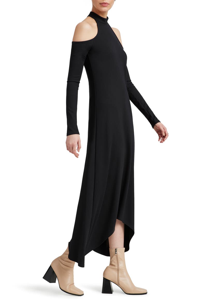 Kalene Cold Shoulder Long Sleeve High-Low Maxi Dress, Alternate, color, BLACK