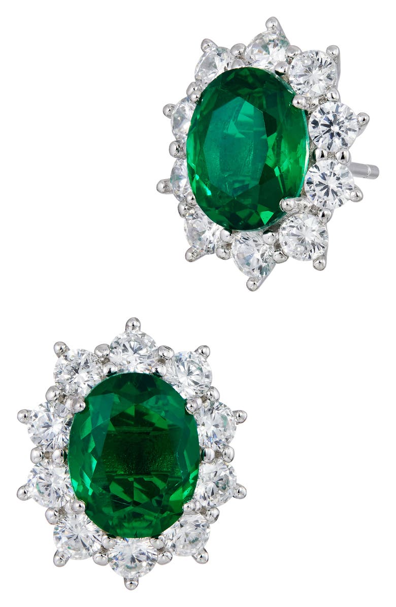 SAVVY CIE JEWELS Oval Cubic Zirconia Halo Stud Earrings, Main, color, Emerald Green