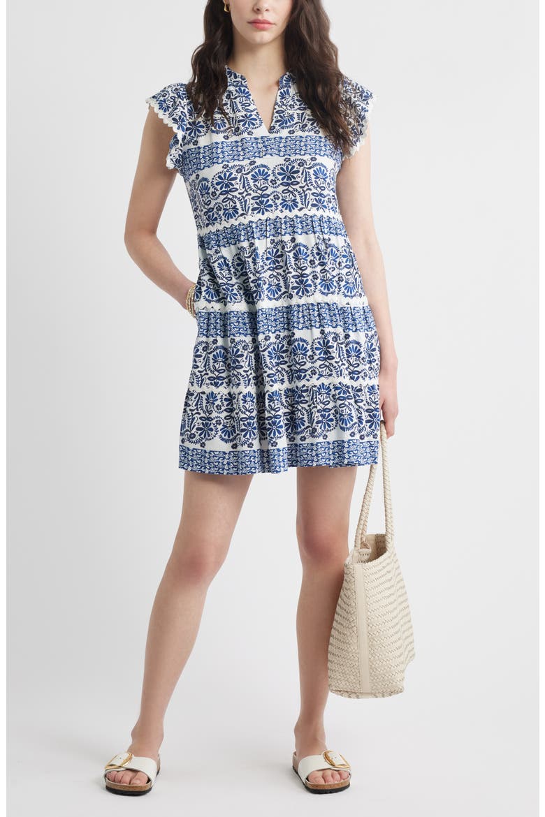 Ruffle Trim Linen Blend Shift Dress, Alternate, color, IVORY- BLUE NAVY BORDER BLOOM