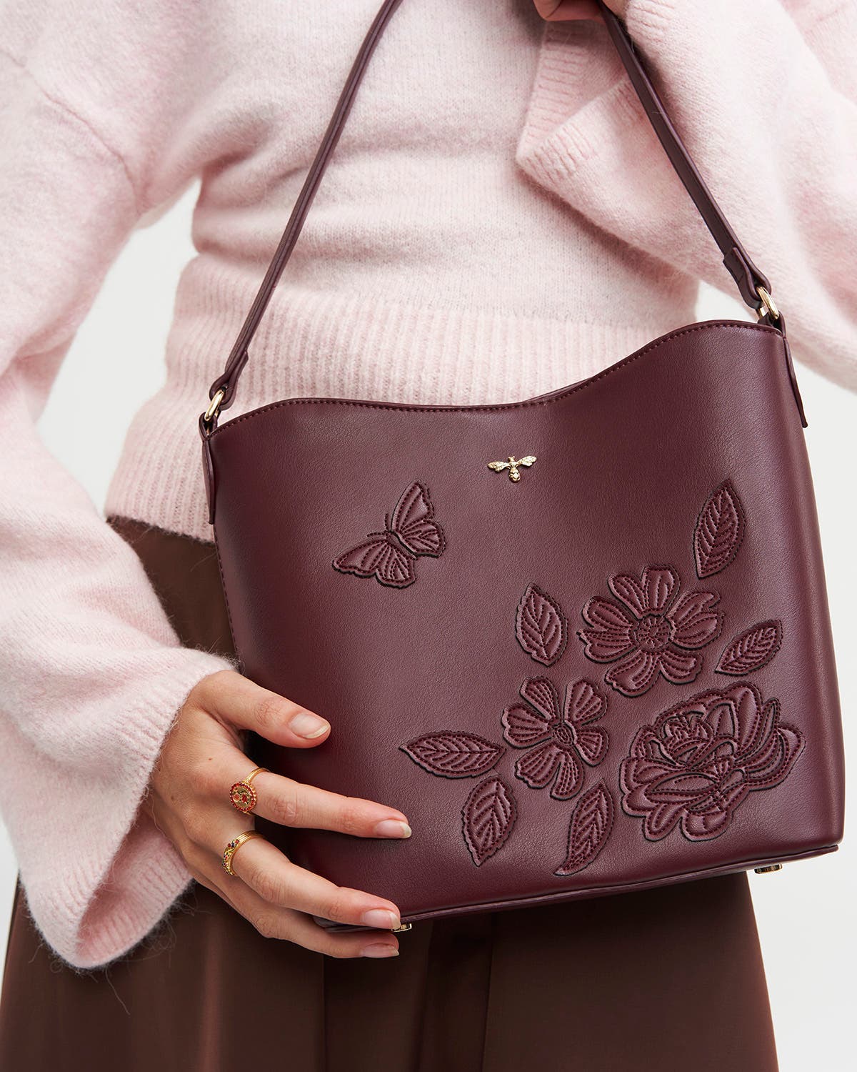 Floral Applique Margot Bucket Purse, Alternate, color, Burgundy
