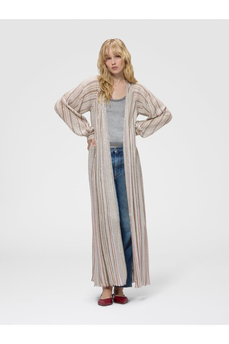 Long Ribbed Cardigan With Belt And Sequins, Alternate, color, Pink