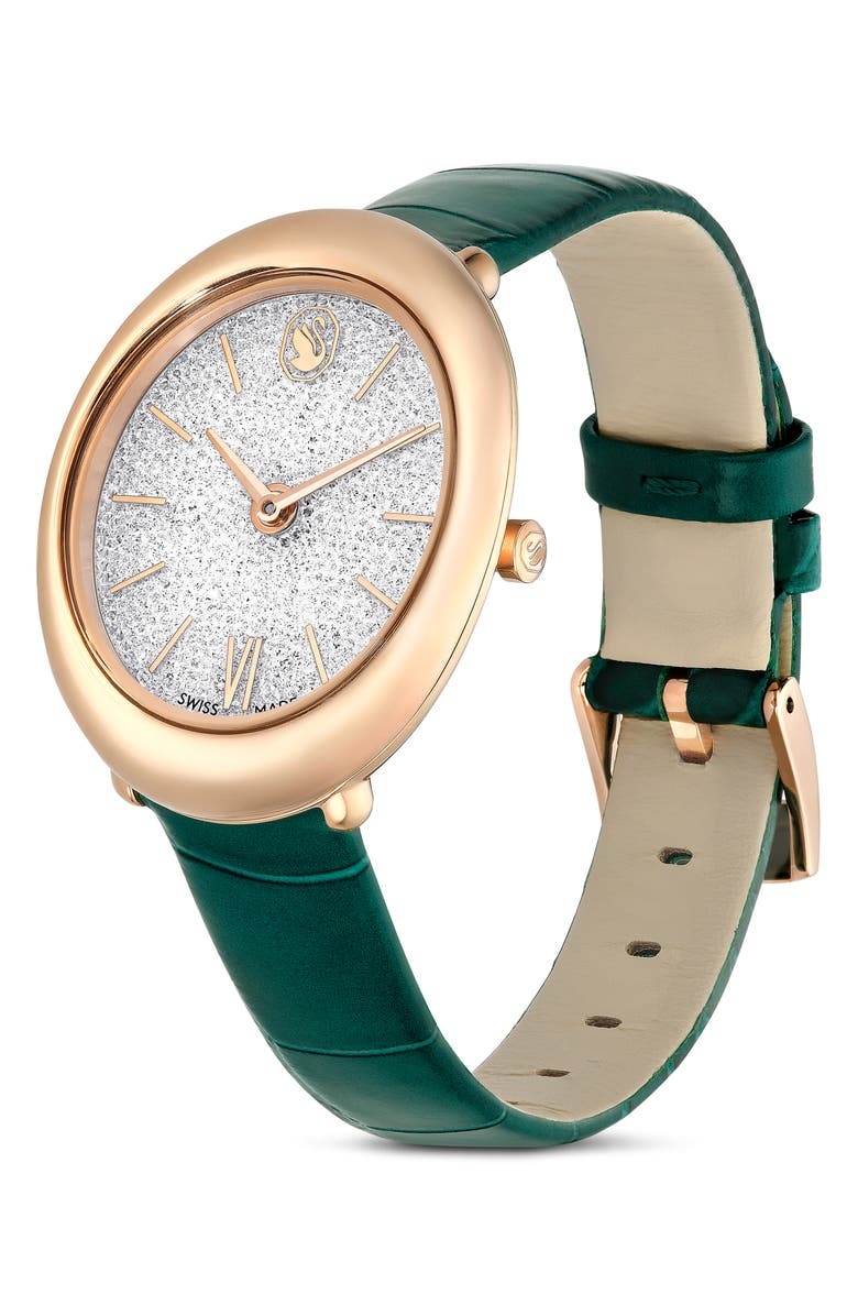 Swarovski Imber Oval Leather Strap Watch, 24mm x 26.3mm, Alternate, color, Green
