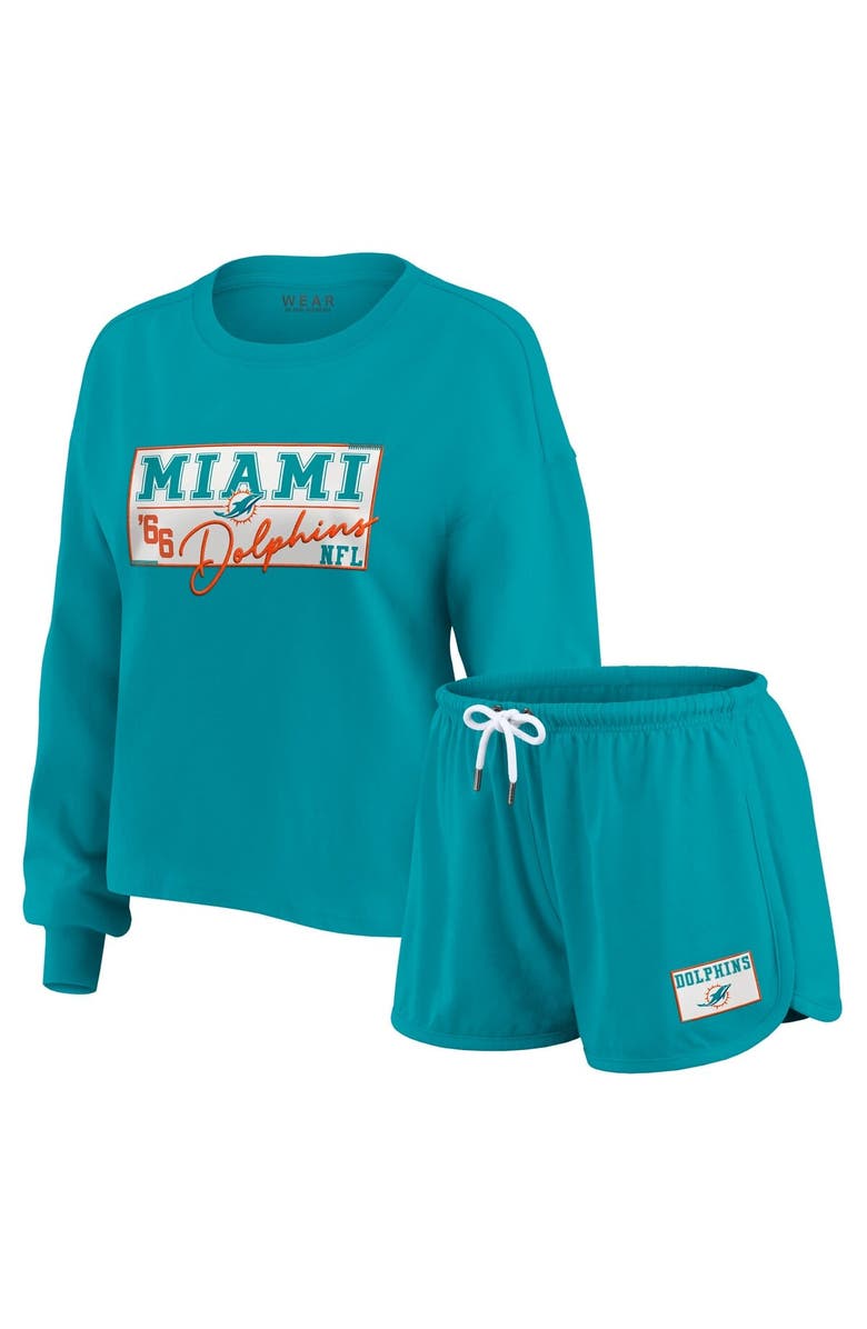 WEAR by Erin Andrews Women's WEAR by Erin Andrews Aqua Miami Dolphins Heavy Rugby Jersey Long Sleeve T-Shirt & Shorts Lounge Set, Main, color, Aqua