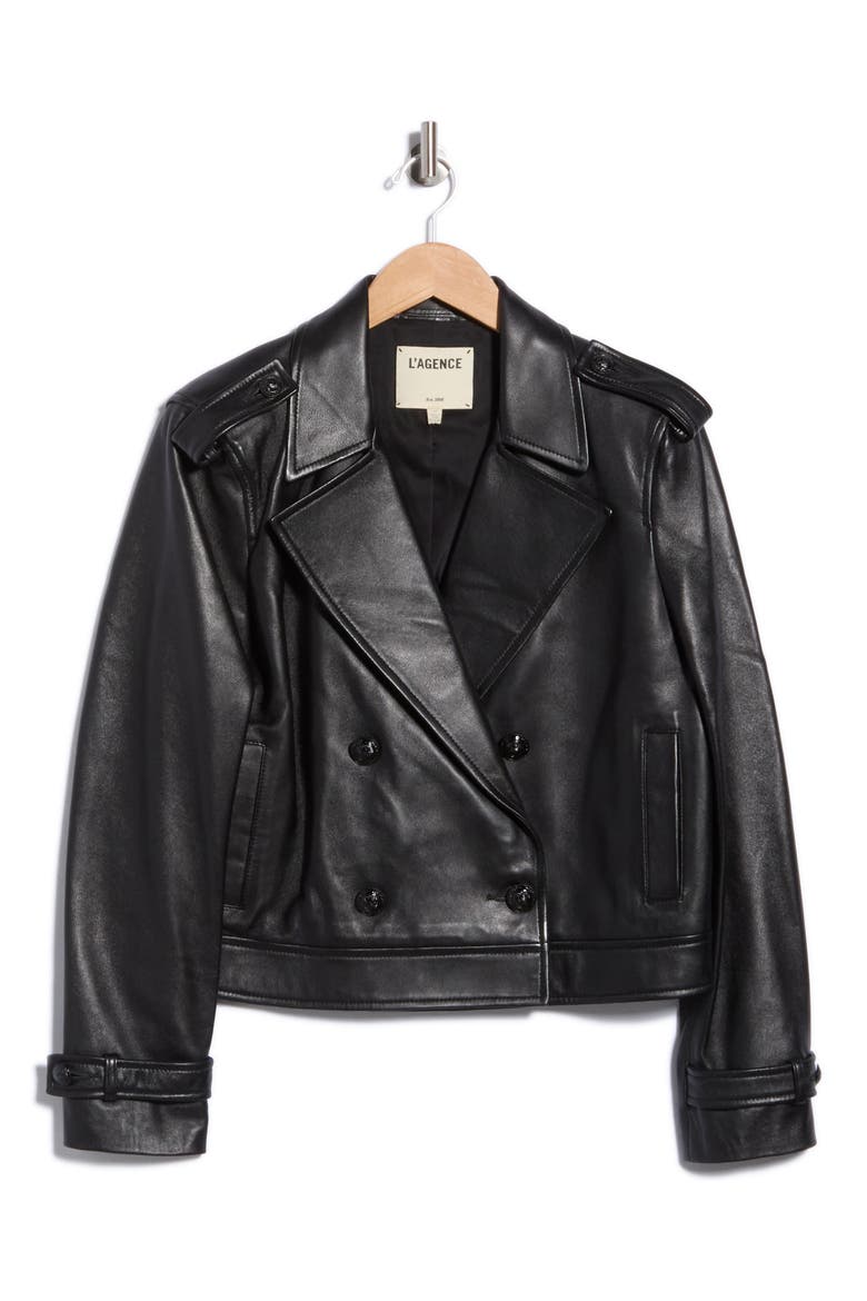Xoey Cropped Leather Trench Jacket, Alternate, color, BLACK