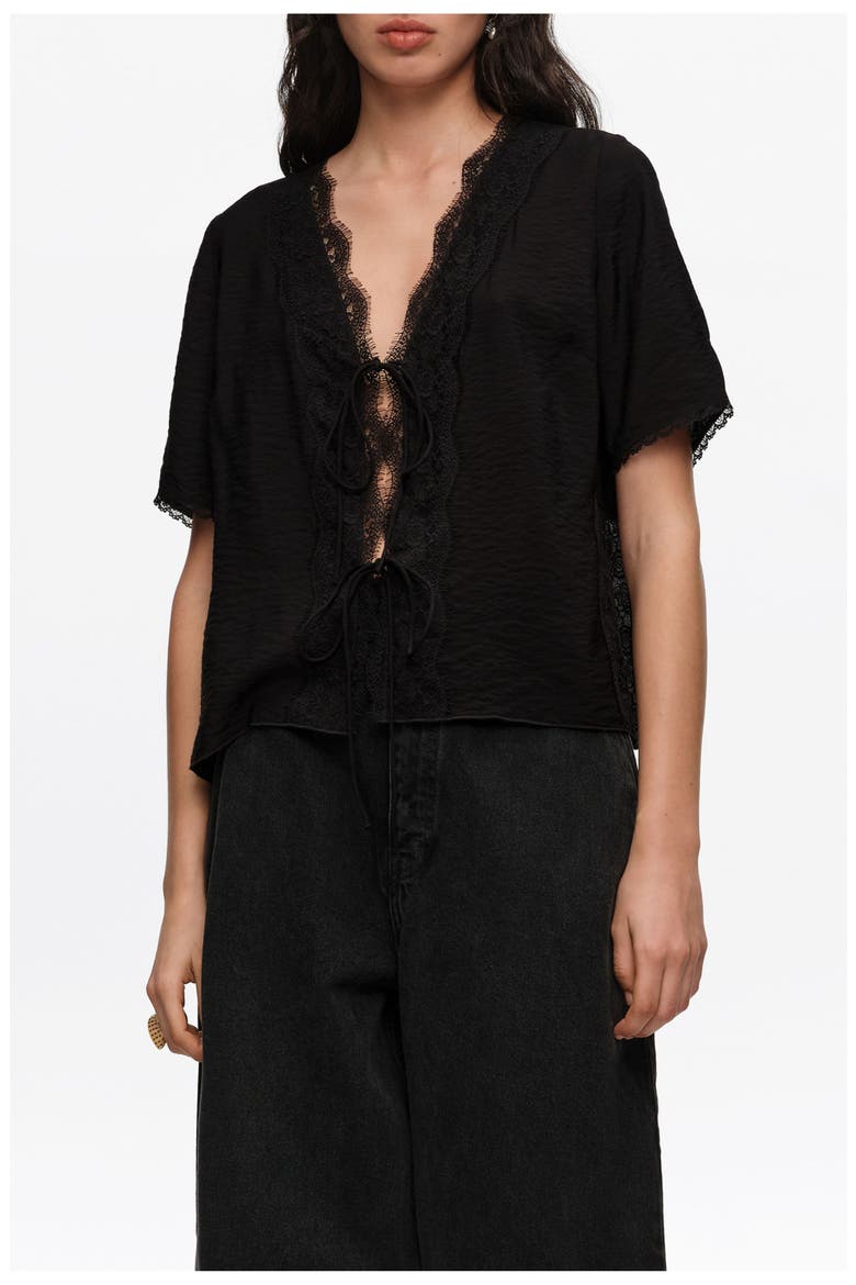 Lace-up Shirt With Lace, Main, color, BLACK