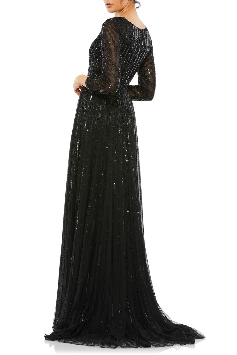 Sequin & Bead Stripe Long Sleeve Mesh Gown, Alternate, color, BLACK