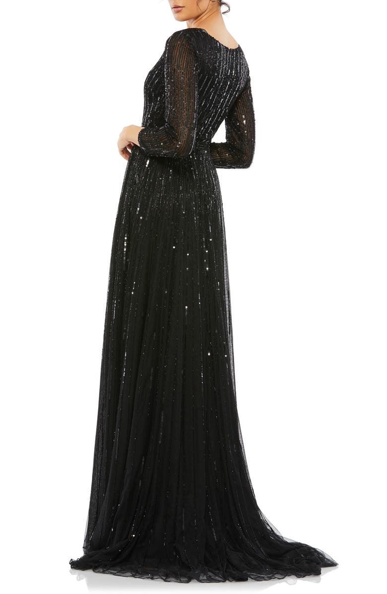 Mac Duggal Sequin & Bead Stripe Long Sleeve Mesh Gown, Alternate, color, 