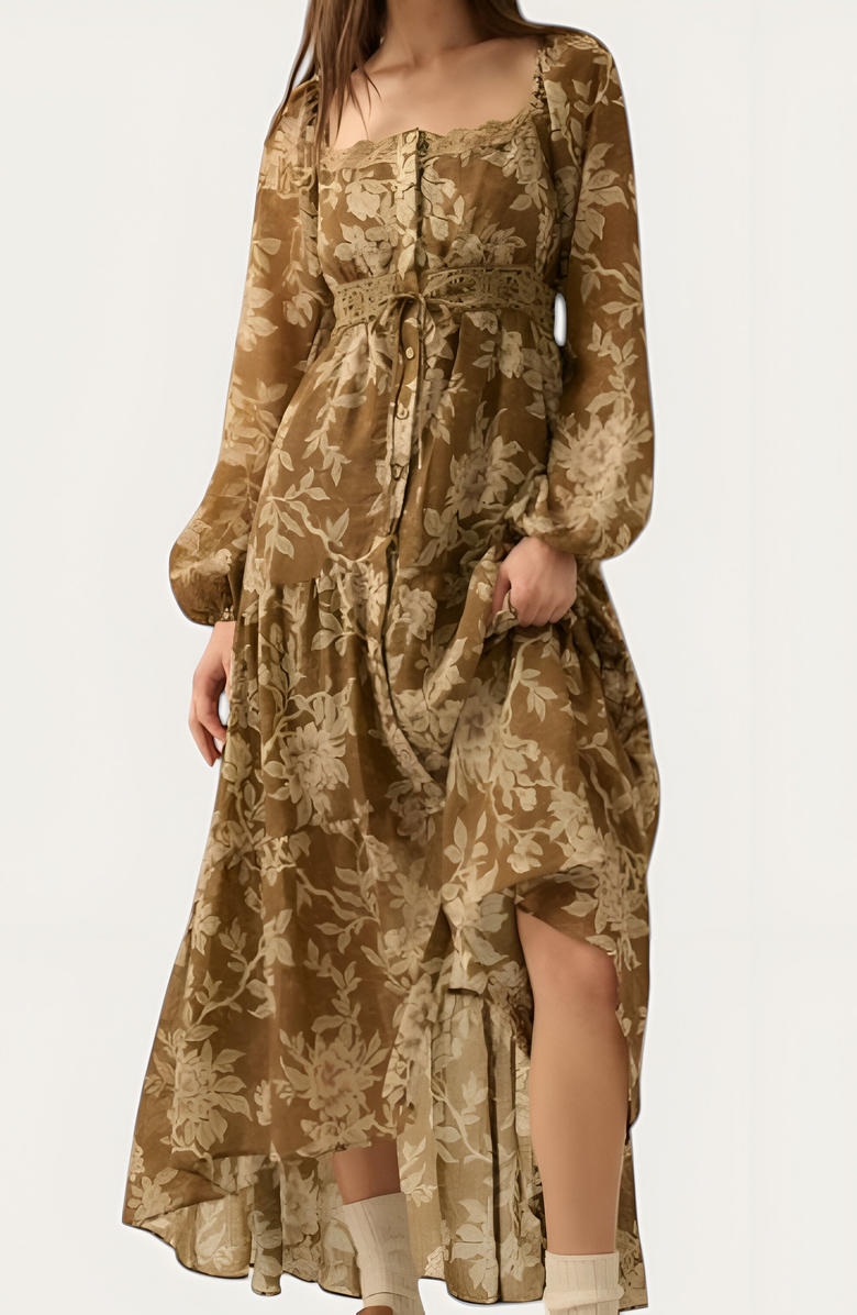 Modenaire Floral Woven Maxi Dress with Lace Trim, Bubble Sleeves and Button Front, Alternate, color, 