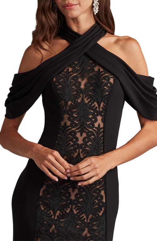 Tadashi Shoji Off-shoulder Lace-embroidered Gown In Black