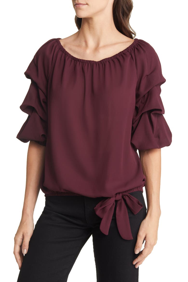 Tie Waist Off the Shoulder Blouse, Main, color, CRISP MERLOT