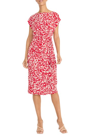 Maggy London Tie Waist Midi Dress In Red/ivory