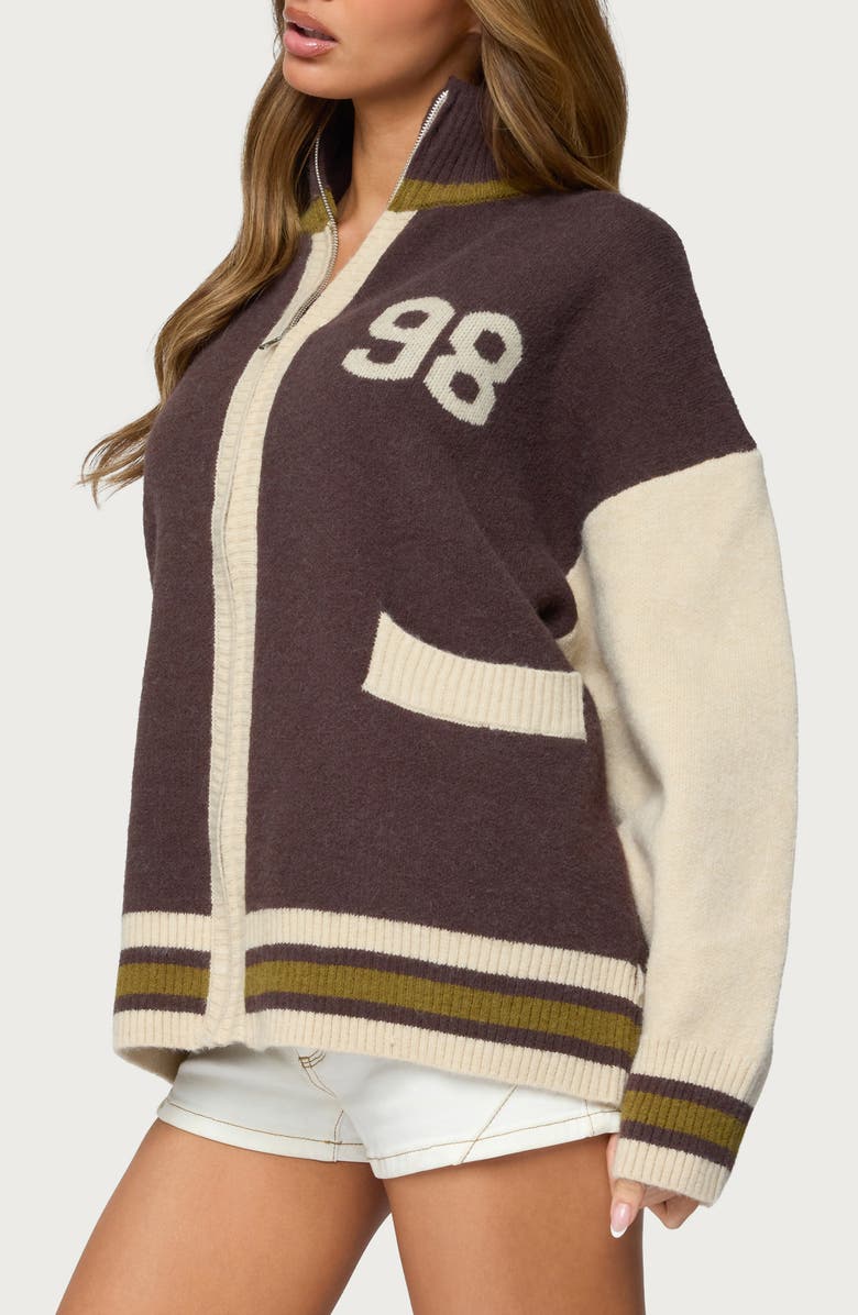 EDIKTED 98 Varsity Zip Sweater, Alternate, color, Brown