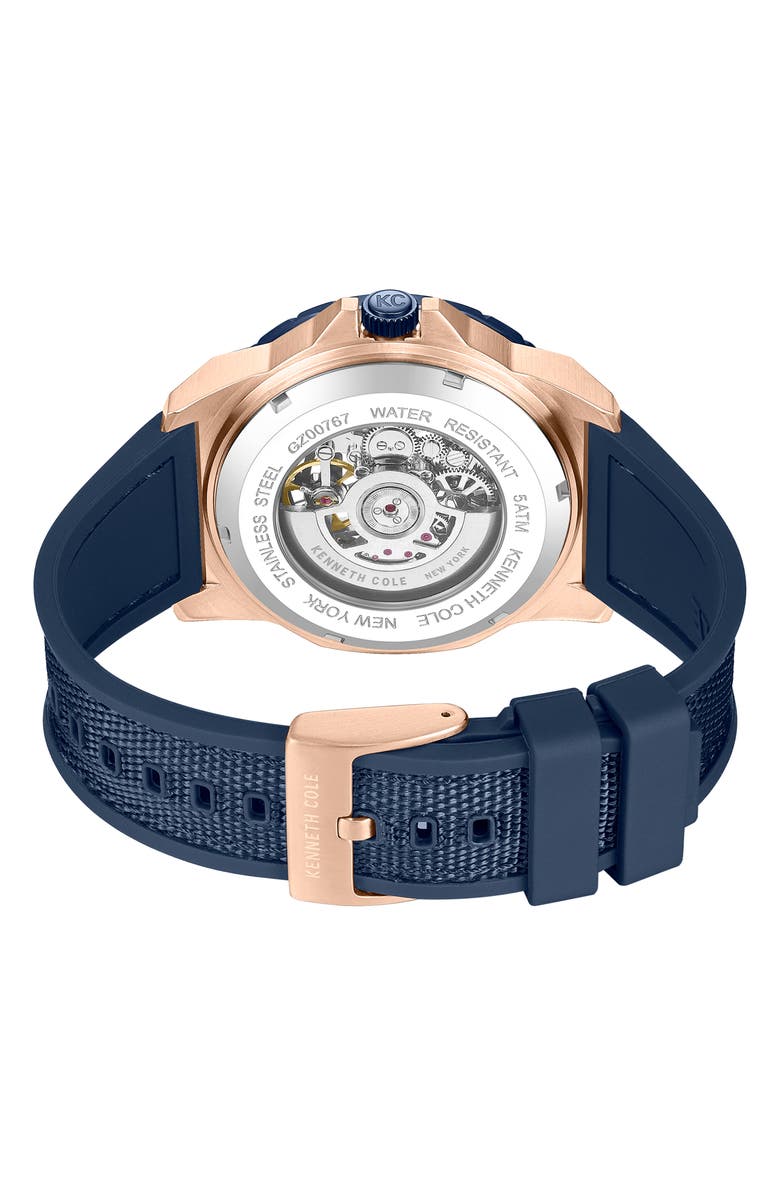 Kenneth Cole New York The Hollis Skeleton Automatic Silicone & Nylon Strap, 45mm, Alternate, color, Navy / Blue Dark