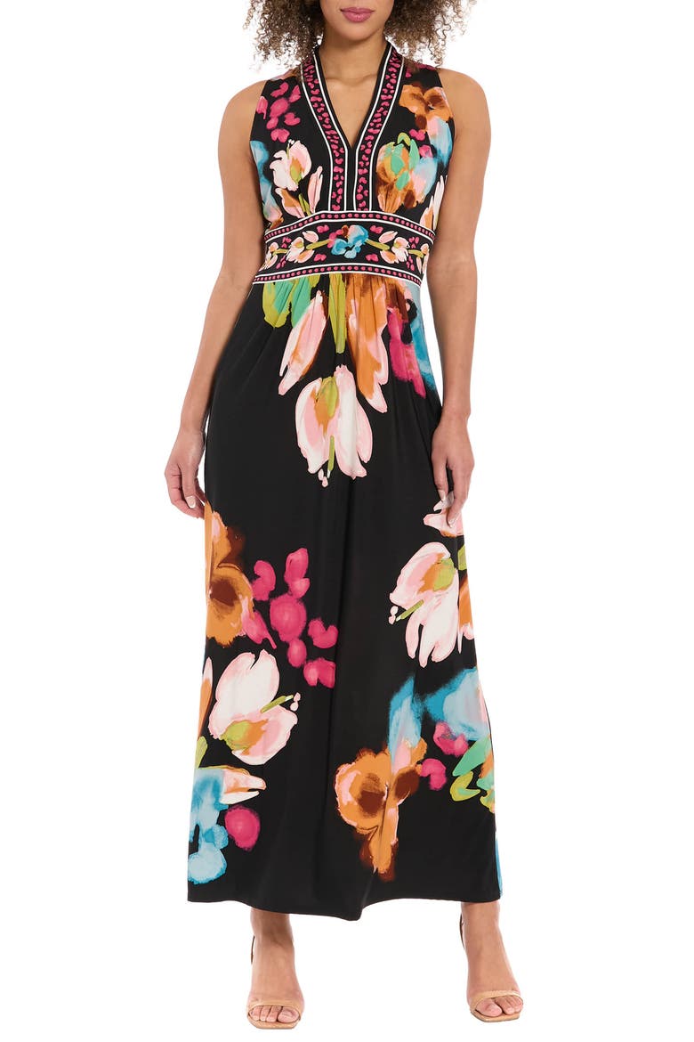 V-Neck Maxi Dress, Main, color, BLACK/ CORAL