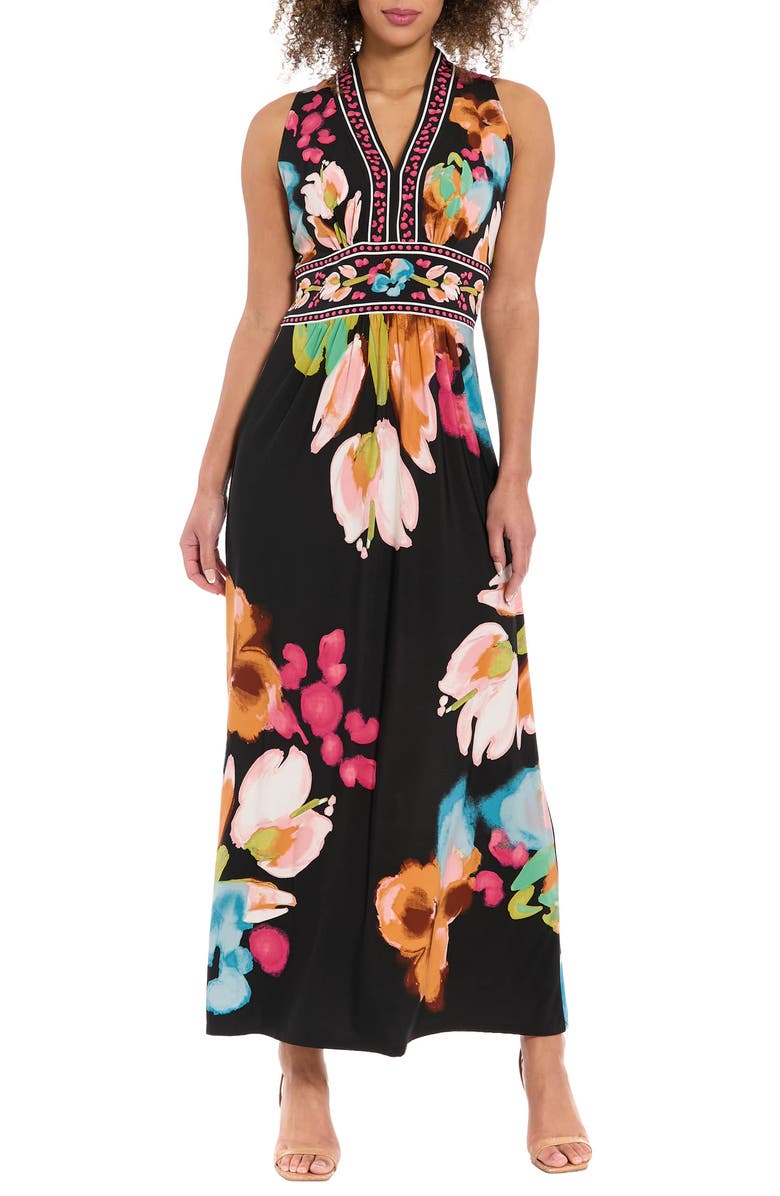 London Times V-Neck Maxi Dress, Main, color, Black/ Coral