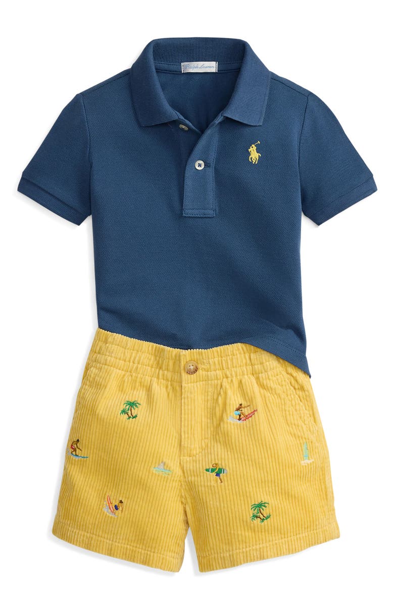 Ralph Lauren Cotton Piqué Polo & Polo Bear Corduroy Shorts Set, Main, color, Clancy Blue