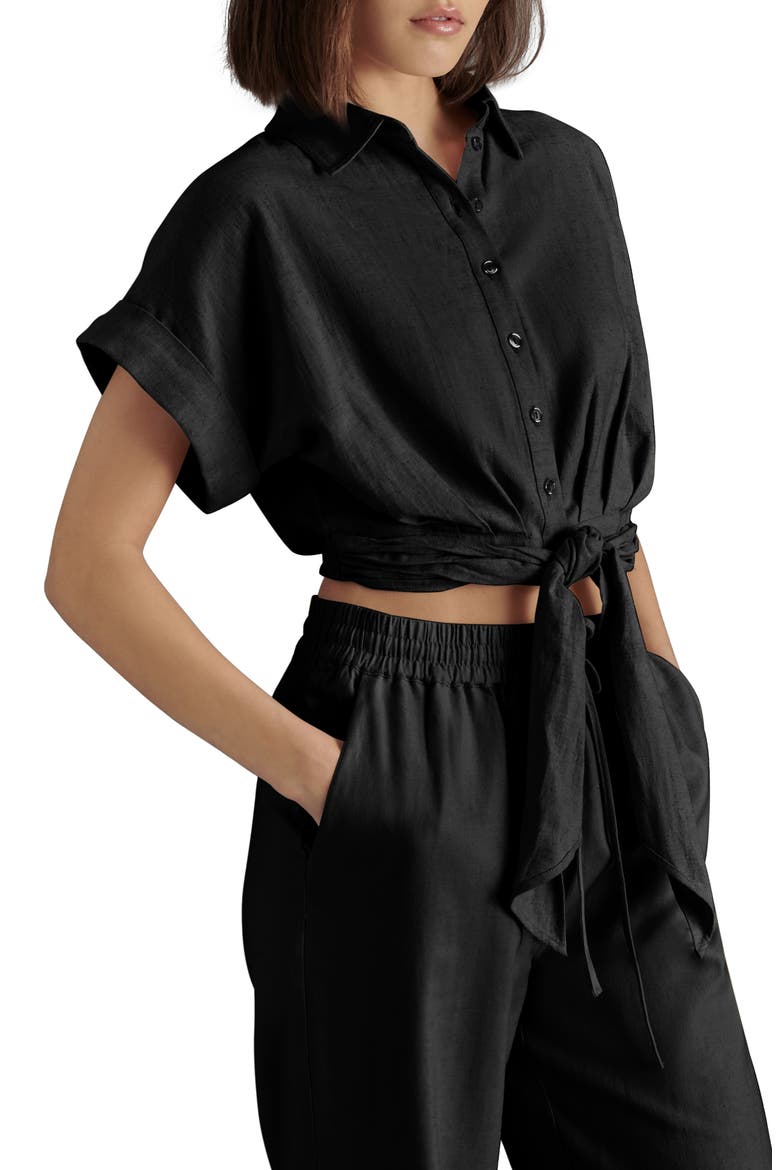 Tori Tie Front Linen Blend Button-Up Shirt, Alternate, color, BLACK