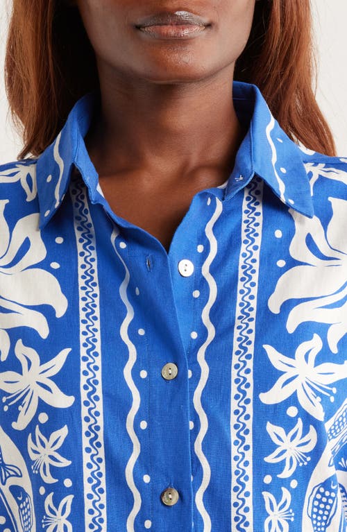 Farm Rio Ocean Oversize Linen Blend Cover-up Button-up Shirt In Blue