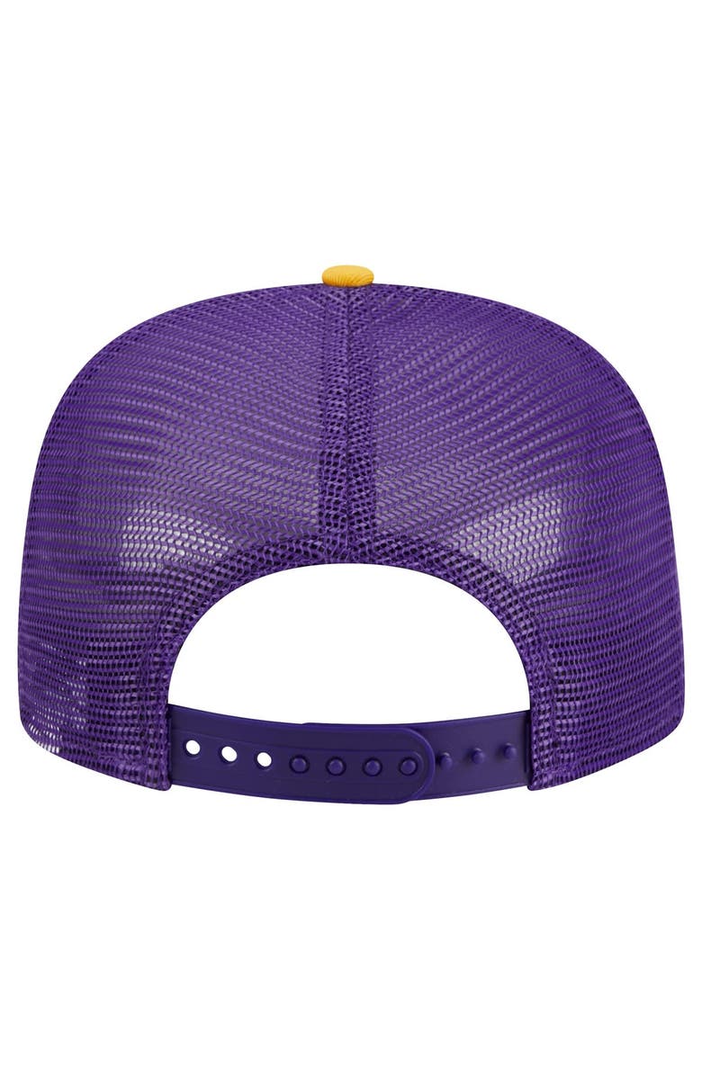 New Era Men's New Era Purple Los Angeles Lakers Arch A-Frame Trucker 9FIFTY Snapback Hat, Alternate, color, Purple