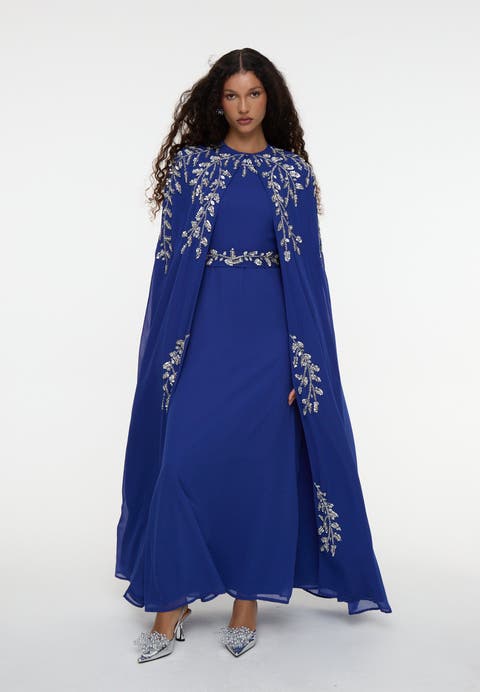 Modest Embellished Sequin Beaded Cape Dress Maxi