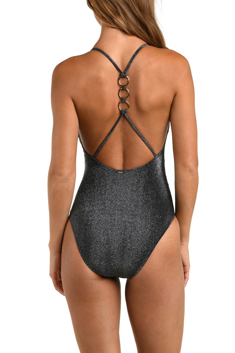 Lisa Sparkle Plunge One-Piece Swimsuit, Alternate, color, BLACK