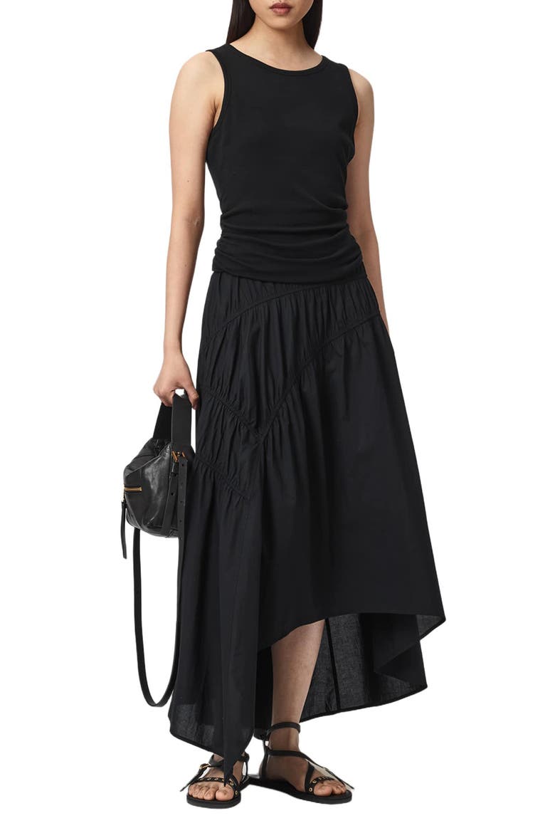 Nuria Ruched High-Low Midi Skirt, Alternate, color, BLACK