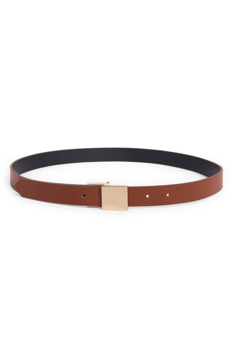 Linea Pelle Square Plaque Buckle Reversible Faux Leather Belt, Main, color, Cognac/ Black