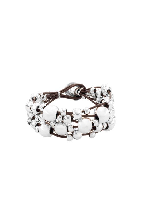 Unode50 Sterling Silver Wide Leather Metal Clad Bracelet In Metallic