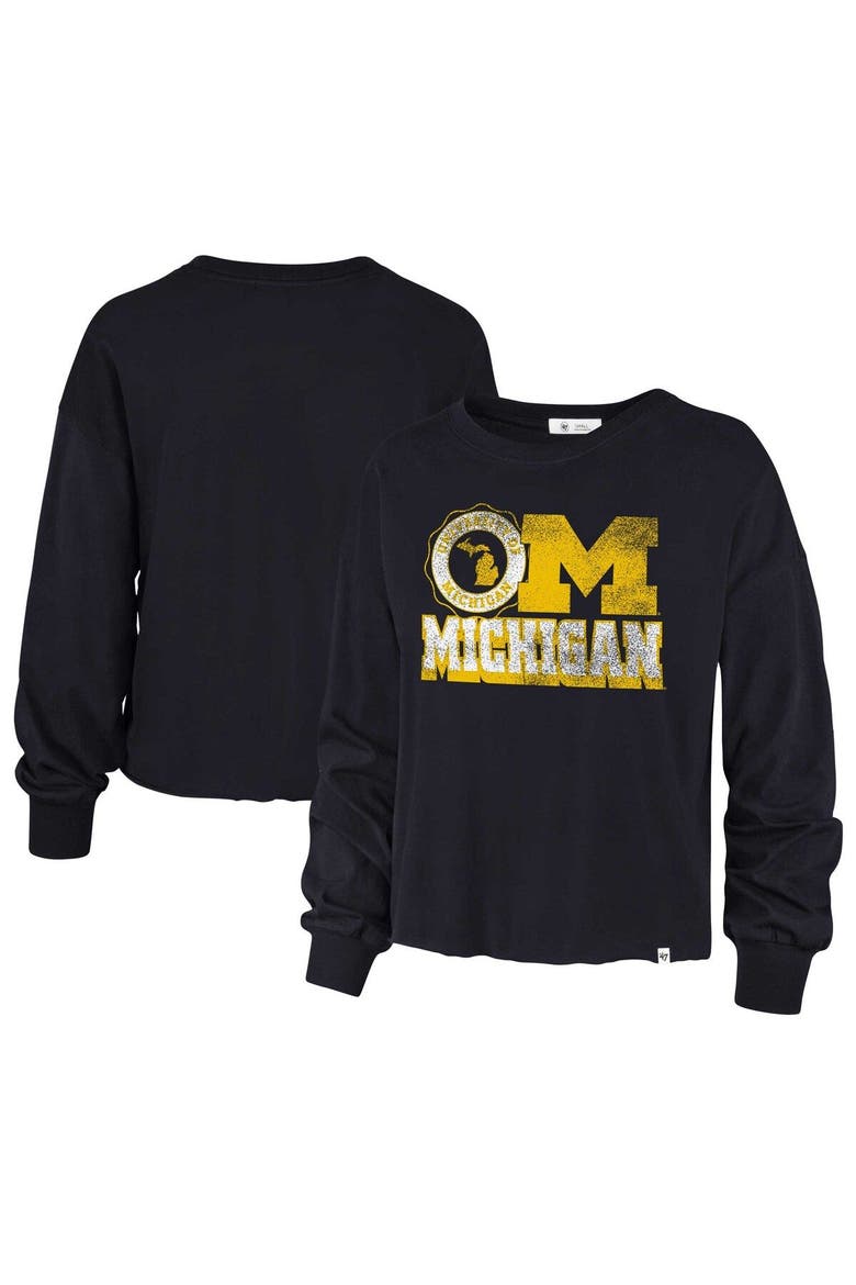 Women's '47 Navy Michigan Wolverines Bottom Line Parkway Long Sleeve High Waist T-Shirt, Main, color, Navy