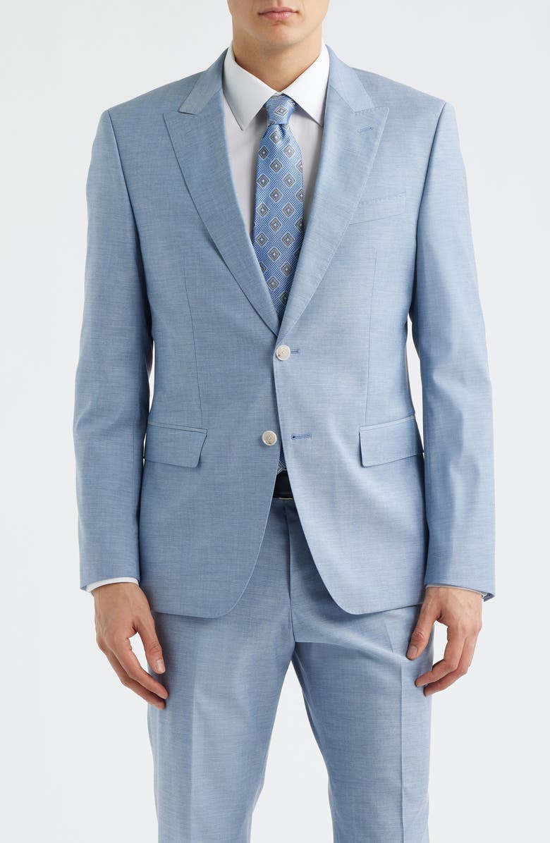 BOSS Huge Slim Fit Peak Lapel Wool Blend Mélange Suit, Alternate, color, Light Blue