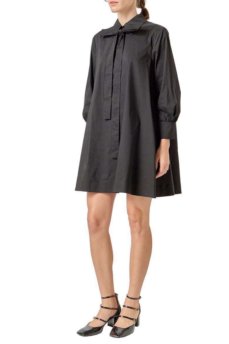 Bow Long Sleeve Shirtdress, Alternate, color, BLACK