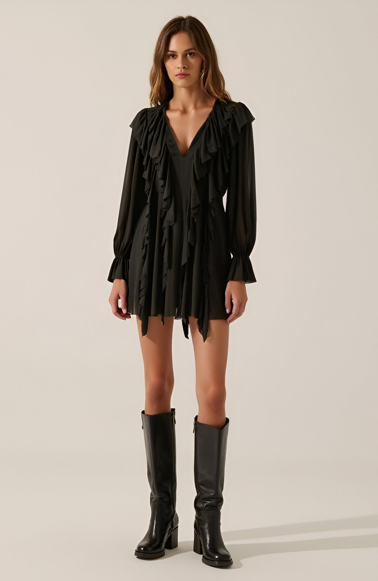 Modenaire Solid Knit Romper with V-Neck Tie Closure, Cascading Ruffles and Long Bubble Sleeves, Main, color, 