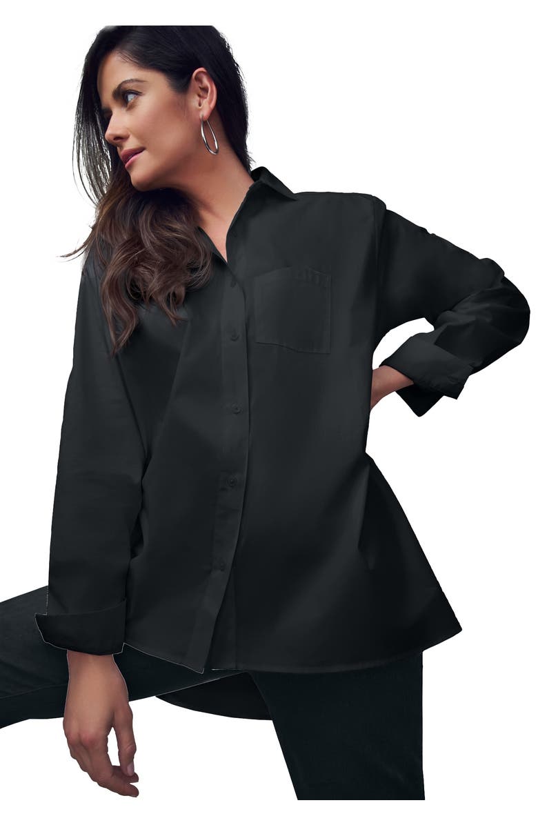 Jessica London Wrinkle-Free Stretch Cotton Oversized Shirt, Main, color, Black