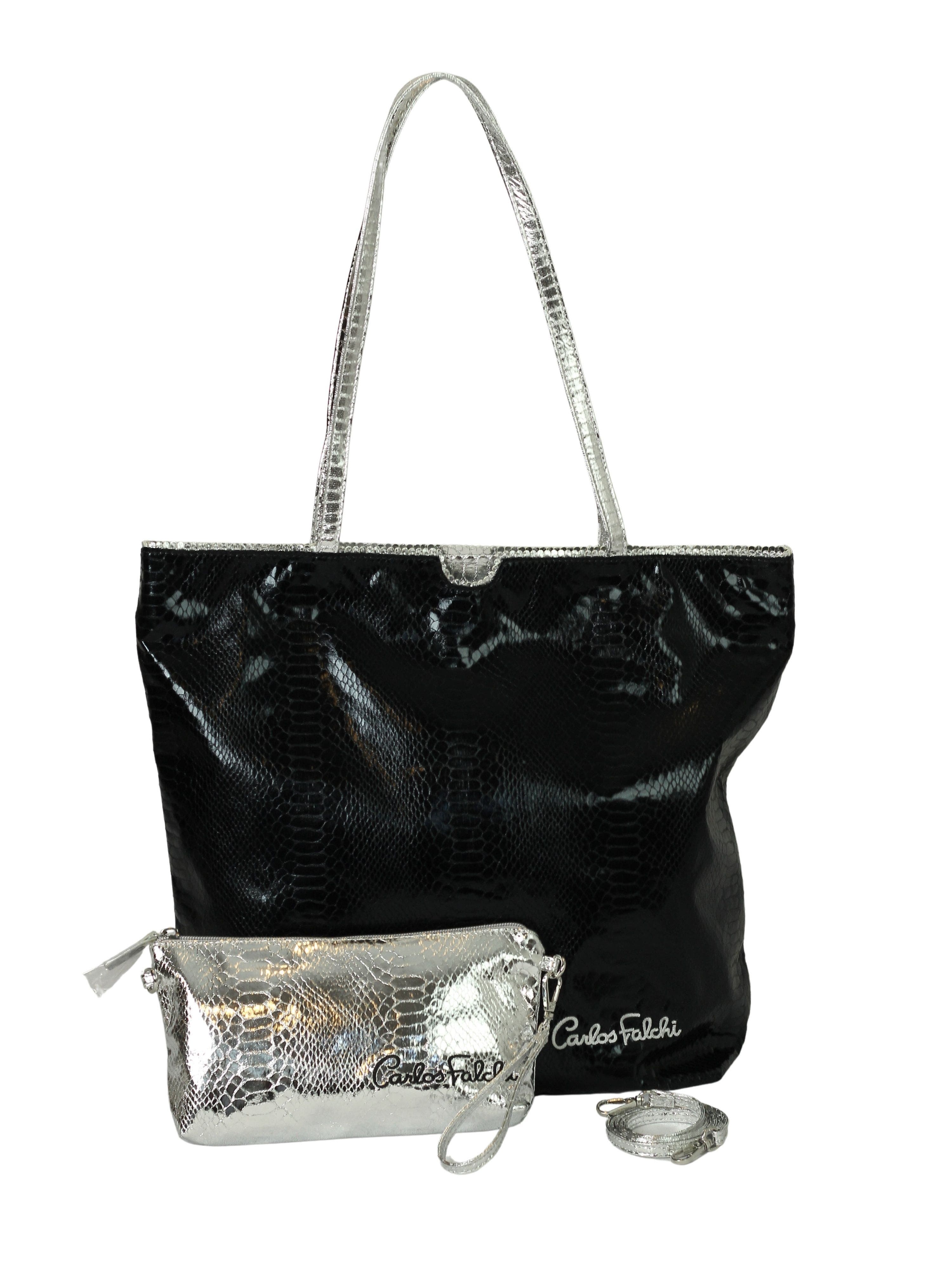 Carlos Falchi Vegan Python Large Tote with Convertible Pouch, Main, color, Black