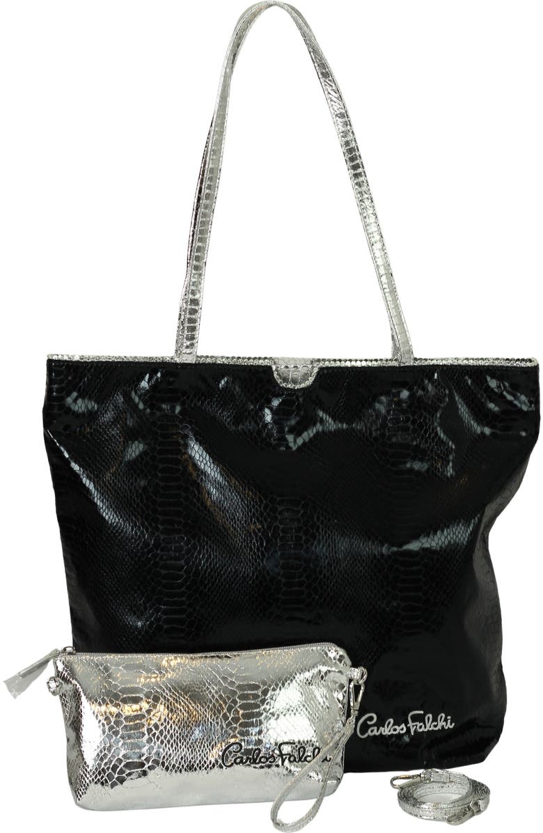 Carlos Falchi Vegan Python Large Tote with Convertible Pouch, Main, color, Black