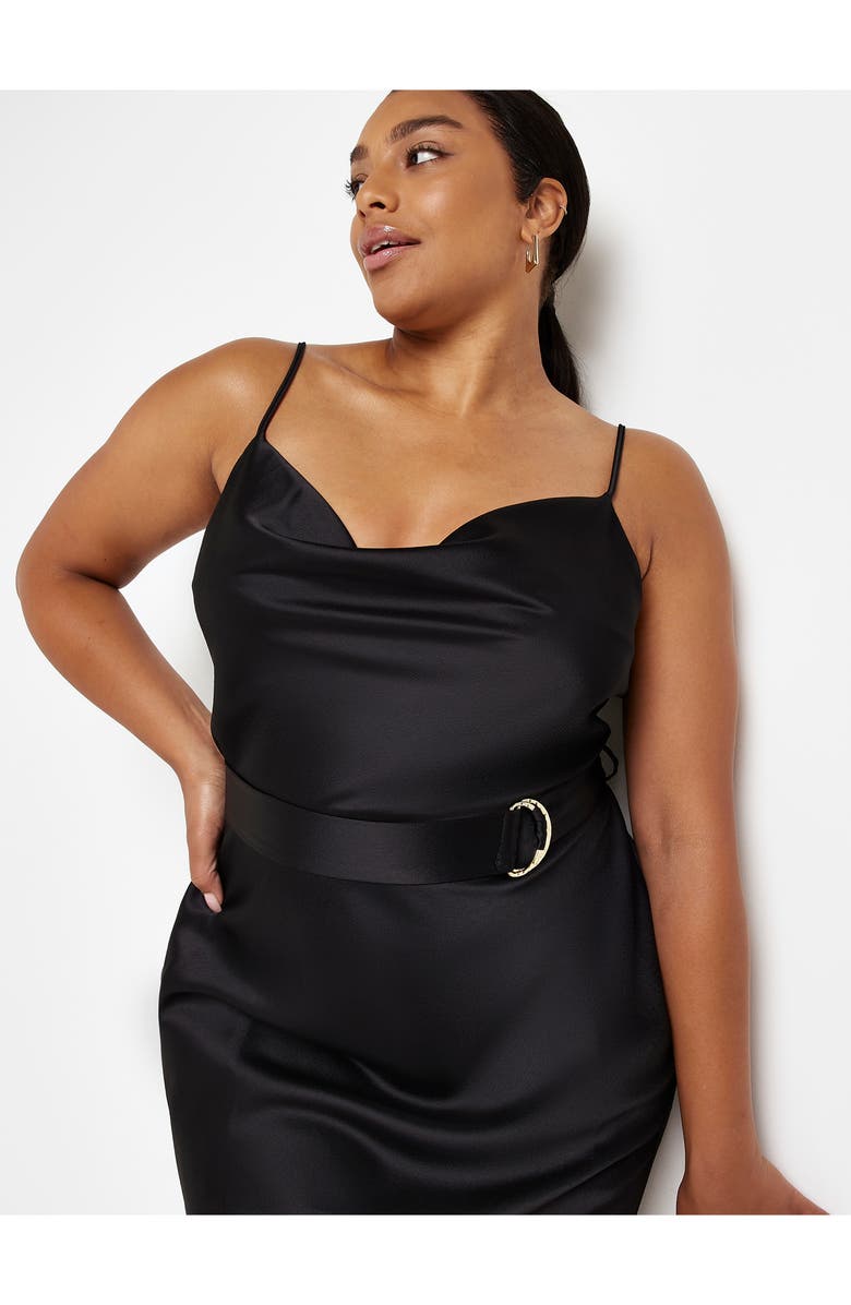 River Island Cowl Neck Belted Satin Slipdress, Alternate, color, Black