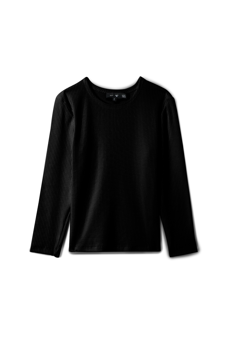 Peek a boo Pointelle Long Sleeve Stretch Rib Knit Top, Main, color, Black