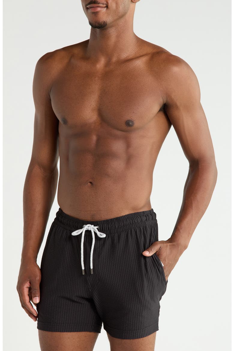 Seersucker Knit Shortie Swim Trunks, Main, color, BLACK