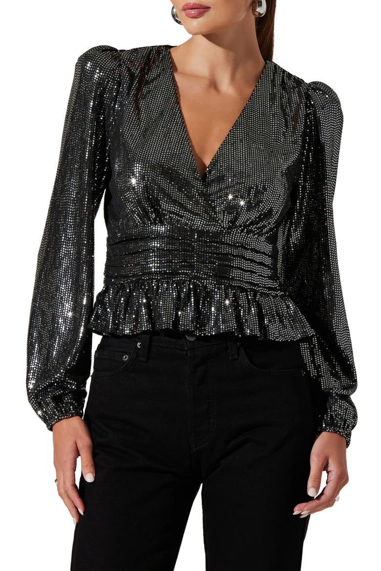 Metallic Sequin Long Sleeve Peplum Top, Main, color, BLACK SILV