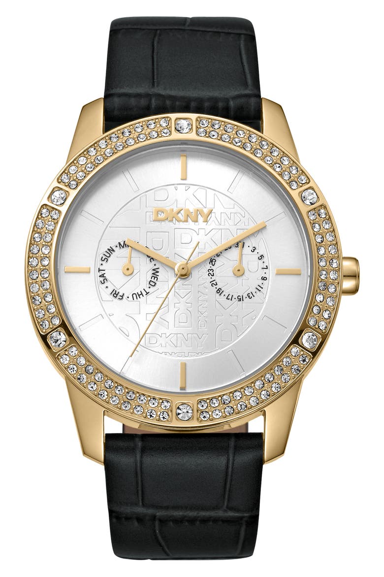 Crystal Bezel Leather Strap Watch, Main, color, BLACK