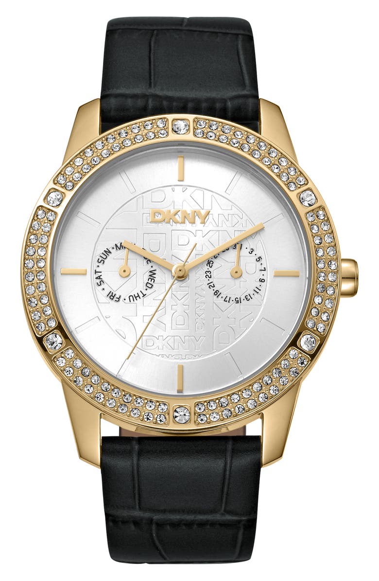 GEVRIL Crystal Bezel Leather Strap Watch, Main, color,