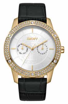 Crystal Bezel Leather Strap Watch