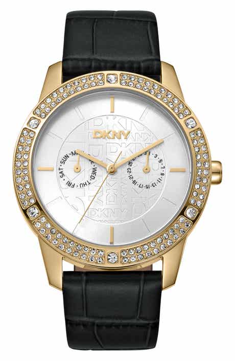 GEVRIL Crystal Bezel Leather Strap Watch