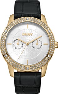 DKNY Crystal Bezel Leather Strap Watch