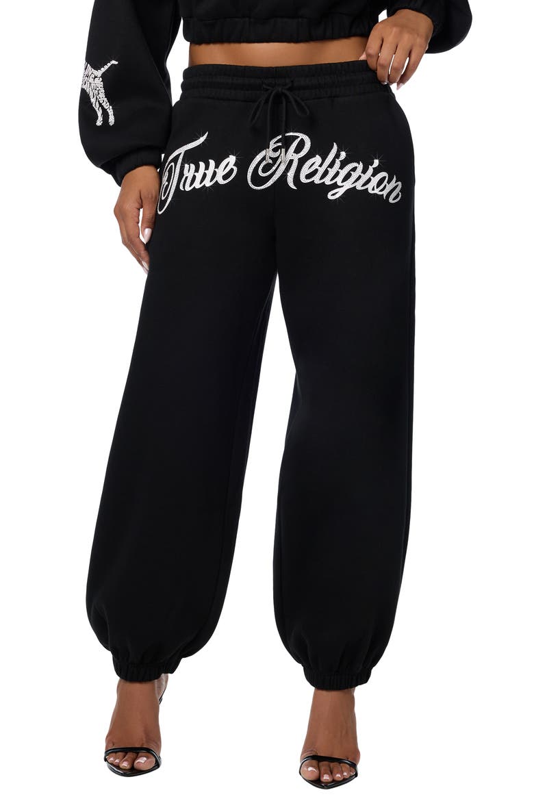 Crystal Logo Mid Rise Boyfriend Joggers, Main, color, JET BLACK