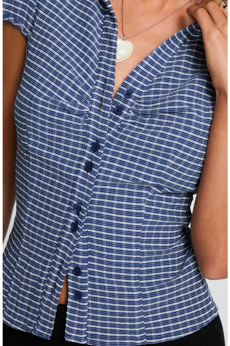 Arianwyn Check Cap Sleeve Button-Up Shirt, Alternate, color, NAVY CHECK